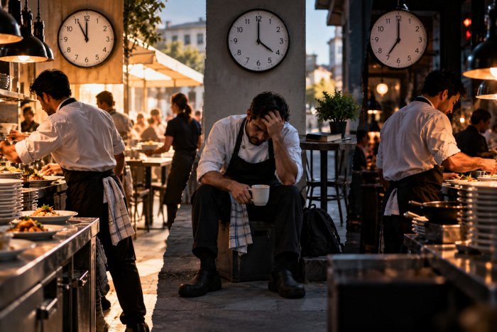 Cocinero agotado en un restaurante, rodeado de compañeros trabajando y relojes. Imagen ilustrativa.