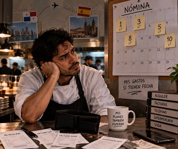 Cocinero pensativo junto a un calendario de nómina y facturas sobre la mesa. Imagen ilustrativa.