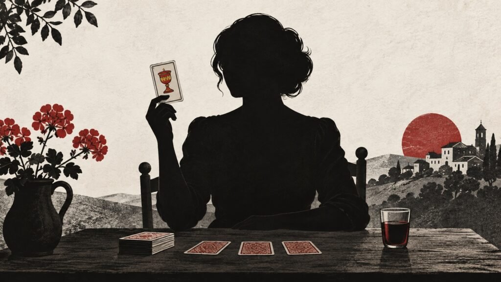 Ilustración de la silueta de una mujer jugando al mus y sosteniendo una carta. No representa a Angelines Urueña.