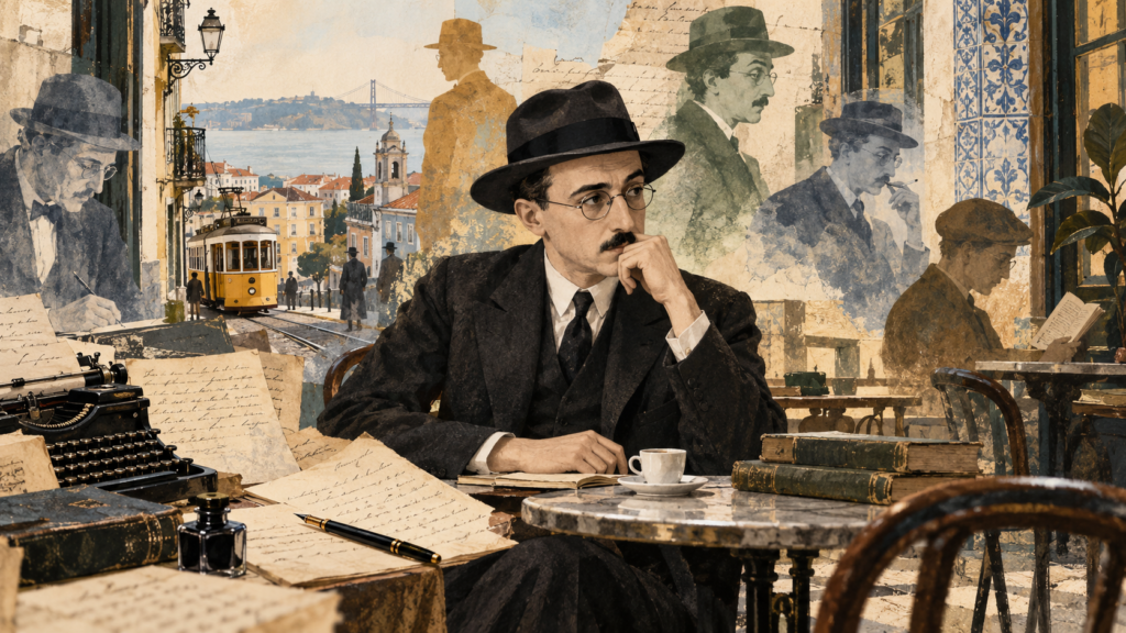 Retrato ilustrado de Fernando Pessoa rodeado de elementos que evocan sus heterónimos y su mundo interior.