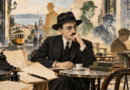 Retrato ilustrado de Fernando Pessoa rodeado de elementos que evocan sus heterónimos y su mundo interior.