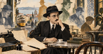 Retrato ilustrado de Fernando Pessoa rodeado de elementos que evocan sus heterónimos y su mundo interior.