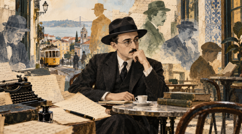 Retrato ilustrado de Fernando Pessoa rodeado de elementos que evocan sus heterónimos y su mundo interior.